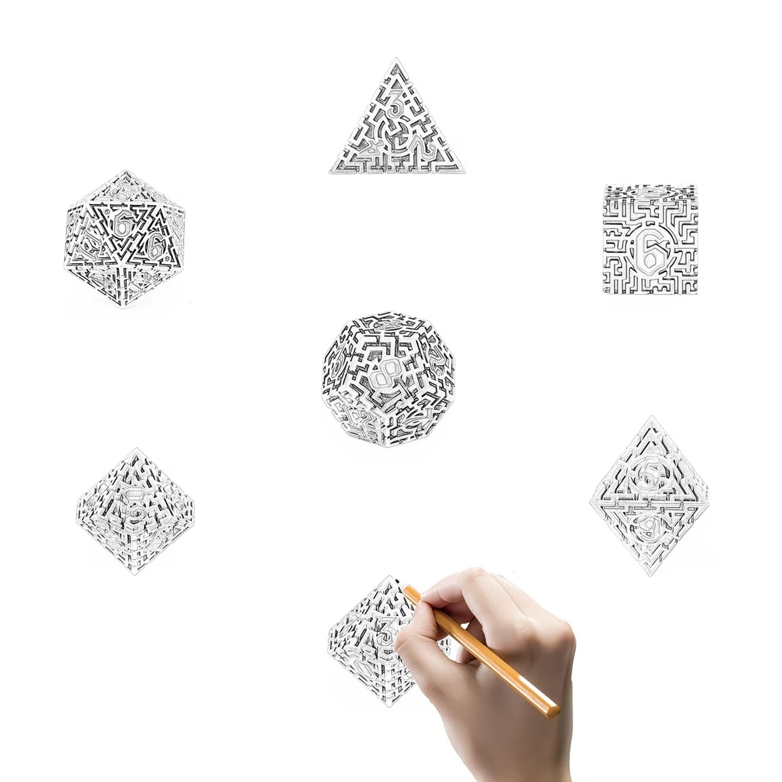 7 dados de diseño de laberinto de bronce y blanco, poliedro hueco, compatibles con juegos de rol RPG de cartas