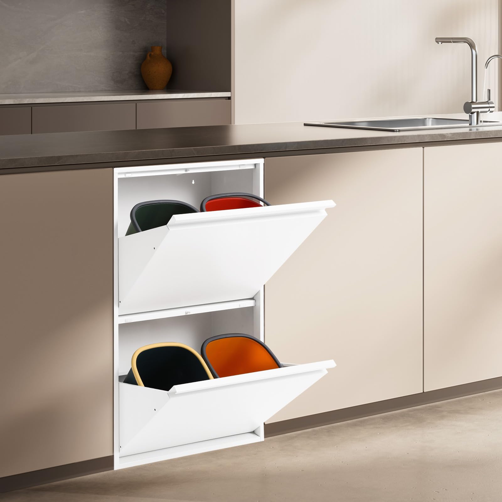 Cubo de basura de cocina con 4 compartimentos, sistema de separación de basura, de acero, con cubo interior extraíble, para montaje en pared, 4 x 15 L, color blanco