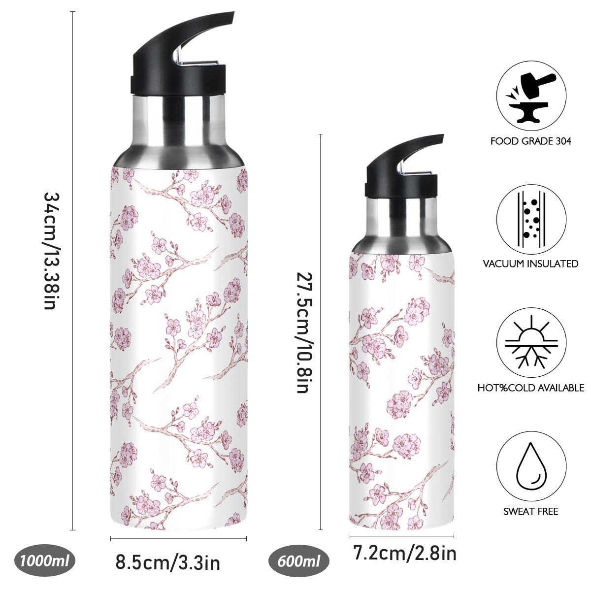 Edelstahl Wasserflasche mit Strohhalm, Sakura Kirschblüten Isolierte Trinkflasche Sport Wasserflasche für Kinder Erwachsene, auslaufsicher, 1L