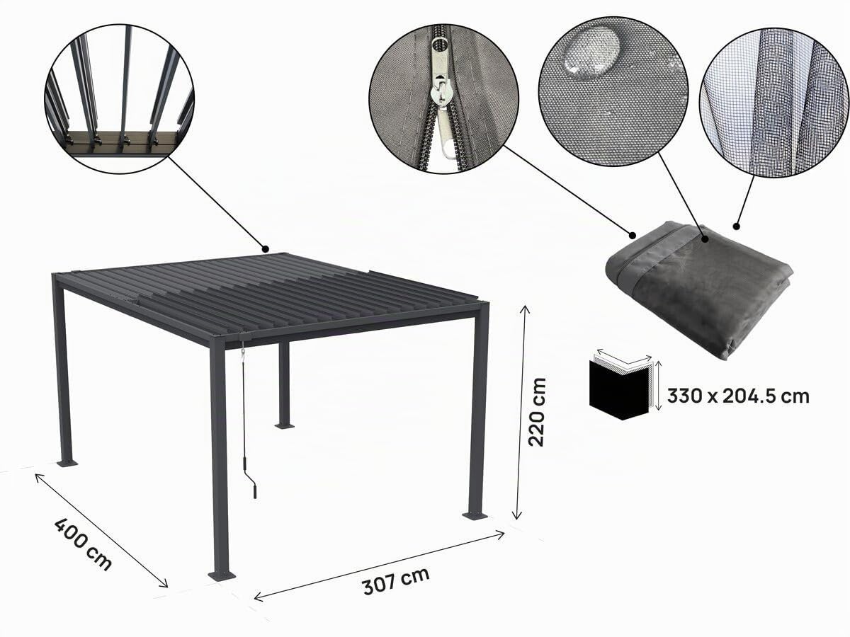 Pergola bioclimatique avec Rideau et moustiquaire Howard - 3 x 4 m - Gris