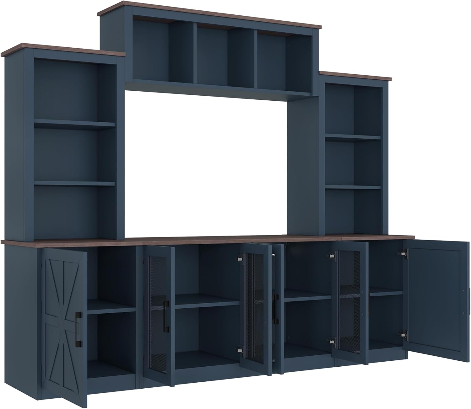 LUMISOL 4-Piece Entertainment Center Wall Unit for TVs up to 55", Farmhouse Large TV Stand with Bookshelves, 6 Doors & Charging Stations, Rustic Large Media Console for Living Room, Blue