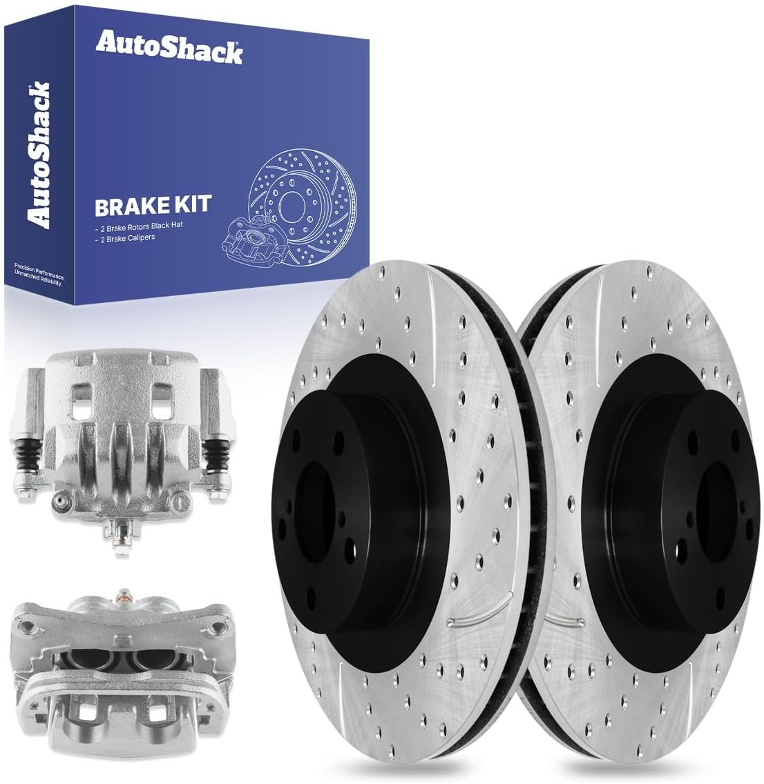 AutoShack Front Vented Drilled & Slotted E-Coated Brake Rotors + Calipers 4-PC Brake Kit Replacement for 2003-2008 Subaru Forester 2008 Subaru Impreza 2005-2006 Saab 9-2X ShadowGuard 11.55" (293.4 mm)