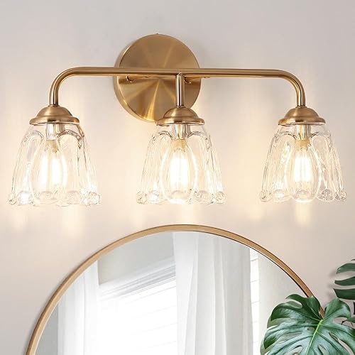 Lámpara de tocador de baño de 3 luces, color dorado, accesorios de tocador vintage sobre el espejo, luz de baño de latón con pantalla de vidrio de