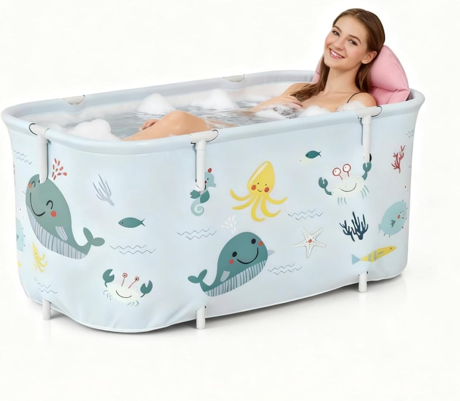 Foldable Bathtub for Adults 140 x 50 x 55 cm Portable Mobile Bath with Cushion and Backrest Spa Bath for Shower Freestanding Folding Bath for Adults Children Ocean Style