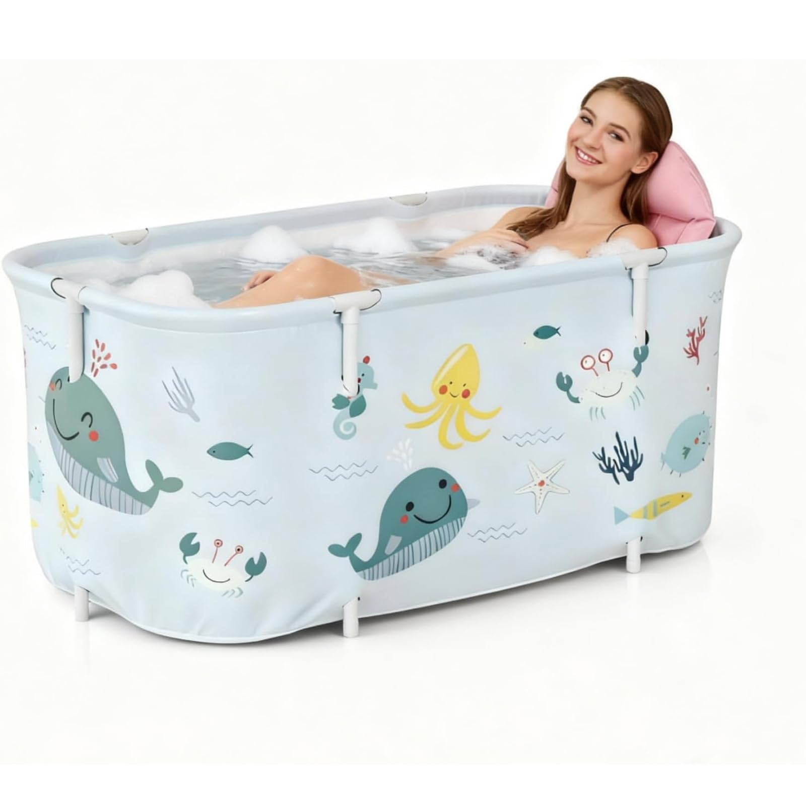 Bañera plegable para adultos, 140 x 50 x 55 cm, bañera móvil portátil con cojín y respaldo, bañera SPA para ducha, bañera plegable independiente para adultos y niños, estilo océano