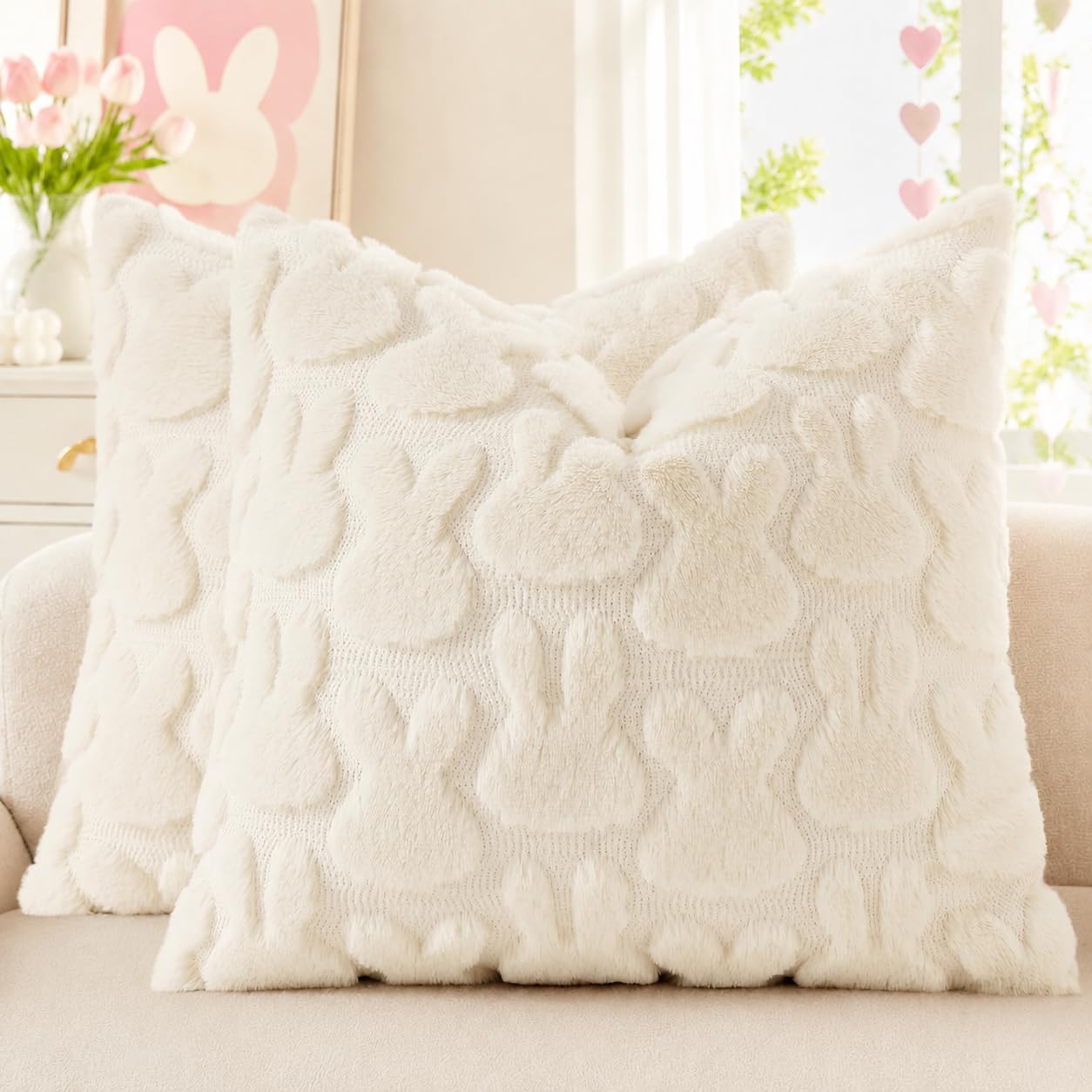 decorUhome Beige Faux Fur Bunny Throw Pillow Covers 16x16 Set of 2