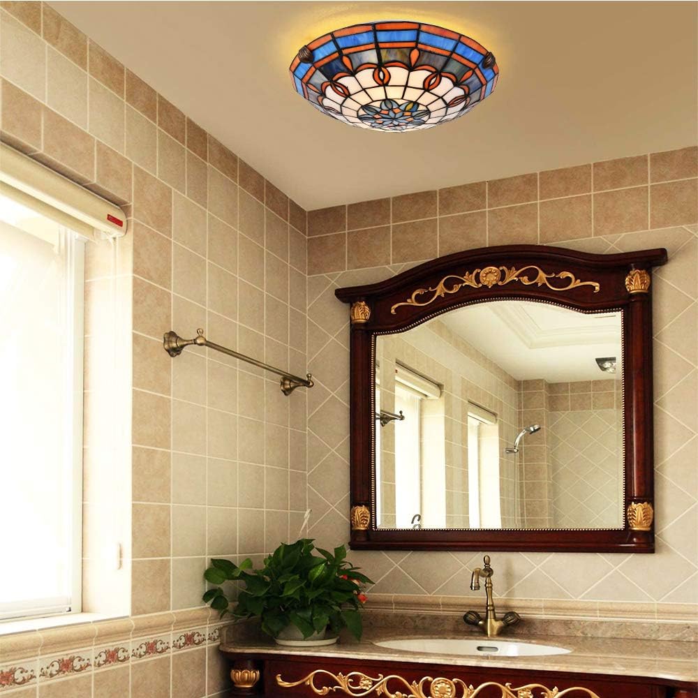 Review Product Tiffany Flush Mount Light Glass Shade Ceiling Light Fixture with 12 Inch Stained Glass Shade for Dinner Room Living Room Bedroom Corridor Pendant Hanging 2- Light (S)
