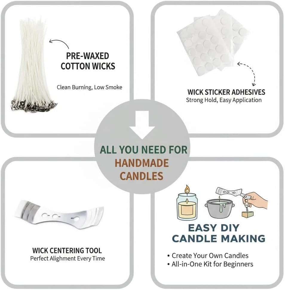 100pcs 6" Natural Cotton Candle Wicks & Stickers + 1 Wick Centering Device - Low Smoke, Natural Core for Candle Making & DIY Projects