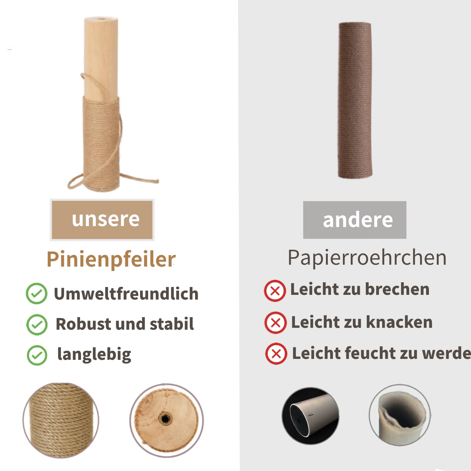 2 sztuki drapaka 7 cm Deluxe z trzpieniem stojakowym, pień do zdrapywania z linką sizalową dla kotów, które zastępują stare pień, kolumna do drapania z gwintem: 8 mm (M8) (Ø 9 cm x długość 60 cm)