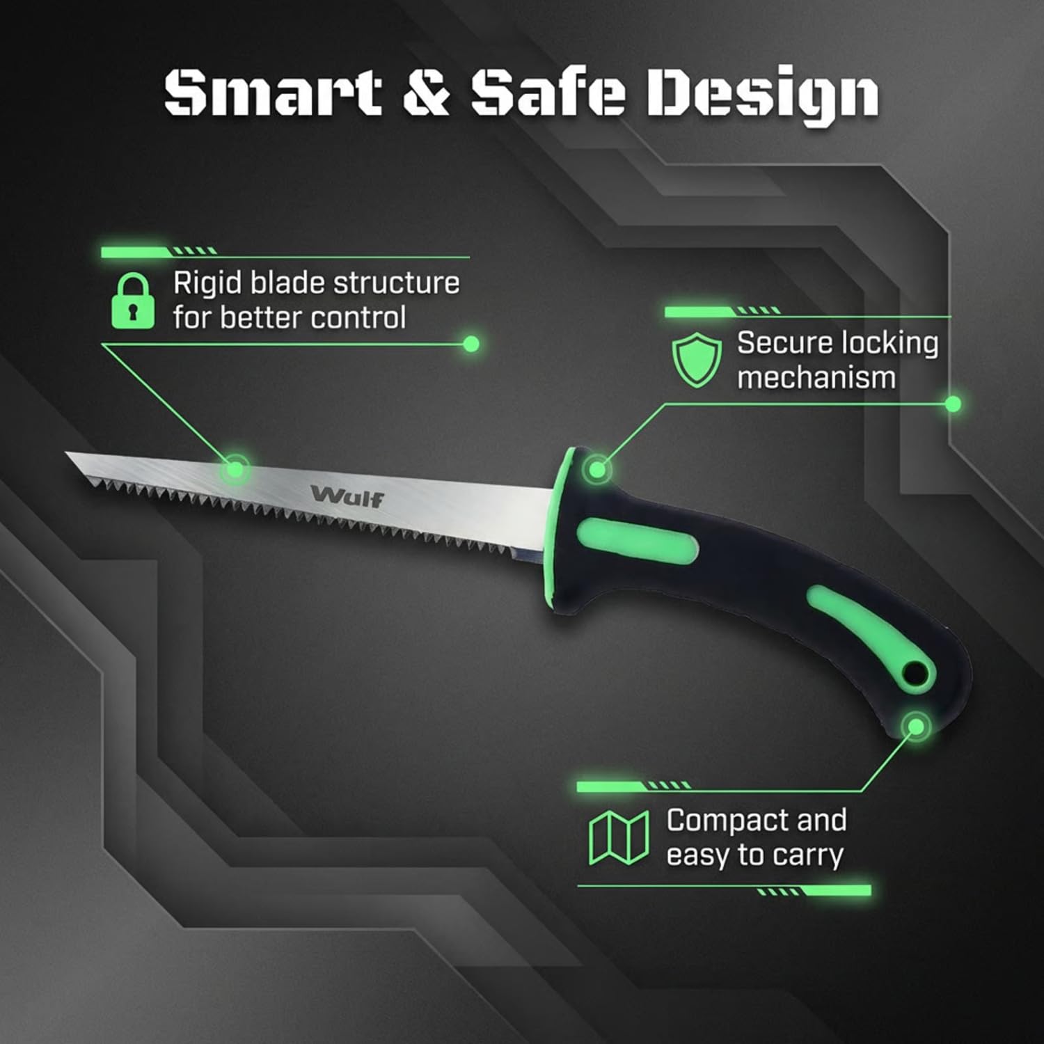 Wulf 6 Inch Jab Saw for Drywall, PVC & Wood | Hand Saw with Hardened Steel Blade | Soft Grip TPR Handle | Sharp Teeth for Fast Cutting | 12 Inch Overall Length (Black & Green) 4