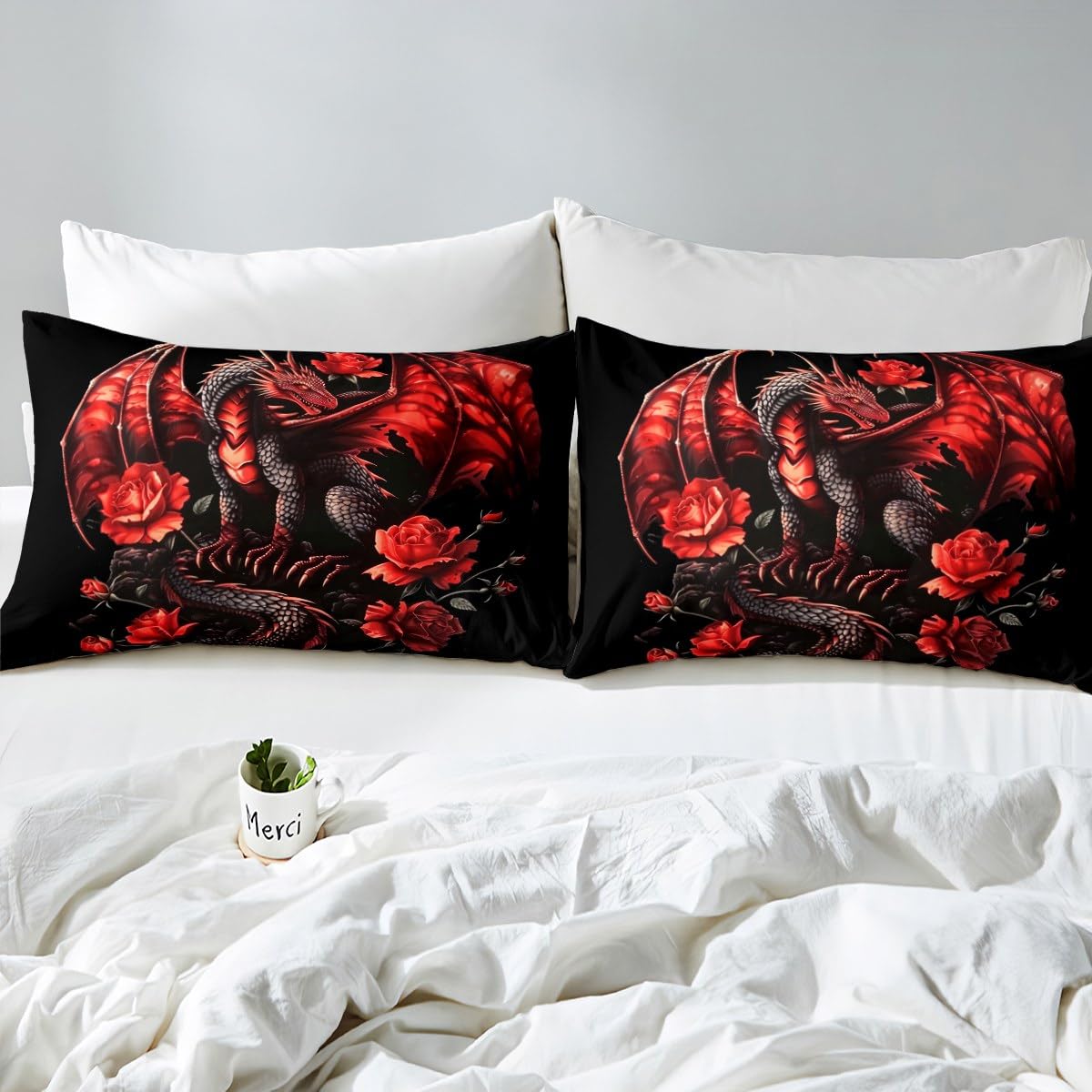 Homemissing Red Rose Dragon Duvet Cover Grey Black Dragon Teens Women Bedding Set for Kids Boys Girls Floral Flower Dragon Decor Comforter Cover Romantic Bedspread Cover 3Pcs Super King Size - Image 4