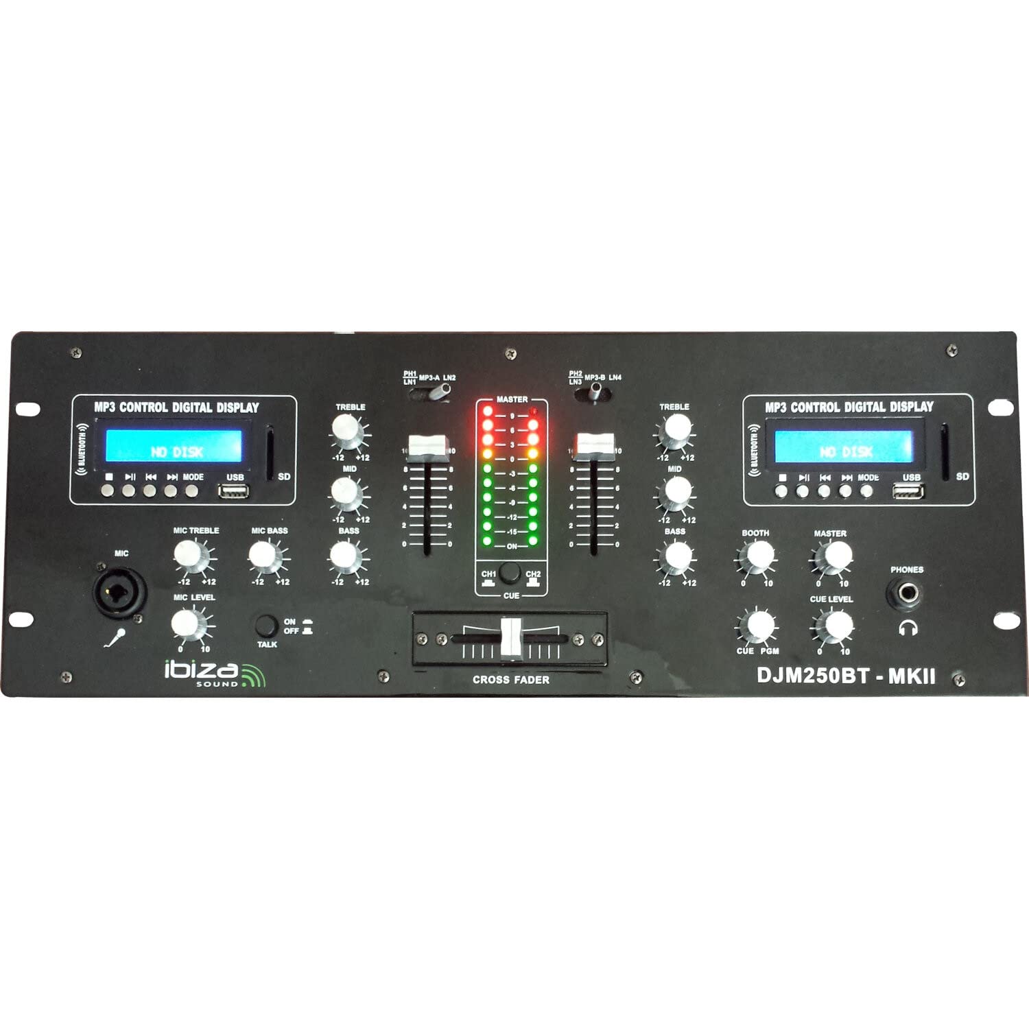 IBIZA Sound Light - Sono Mix DJ 2800w avec 4 Enceintes Sono 1200w Total - 2 Caissons Amplifiés 1600w Total - 1 Table de Mixage DJM250BT-MKII - 4 Pieds Enceinte - Câbles, Micro et Casque DJ offerts