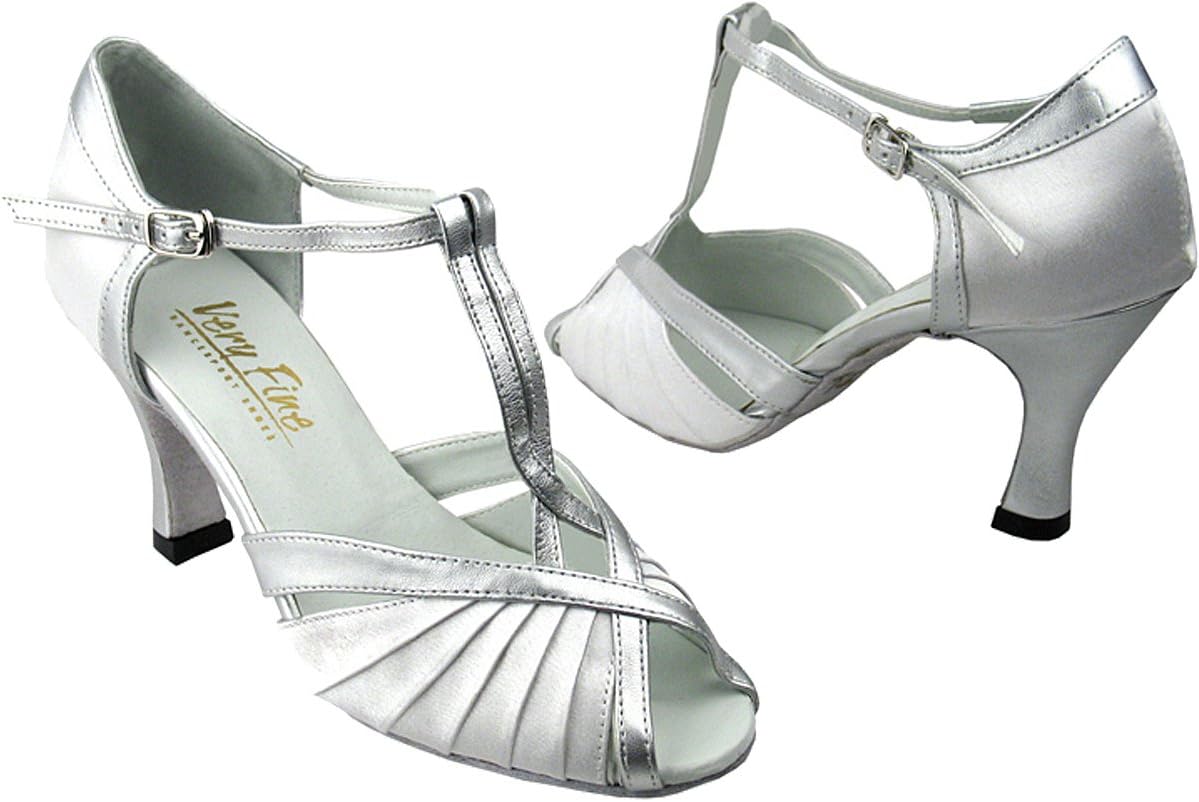 Very Fine Women's Salsa Ballroom Tango Latin Dance Shoes Style 2707 Bundle with Plastic Dance Shoe Heel Protectors, White satin 7.5 M US Heel 2.5 Inch