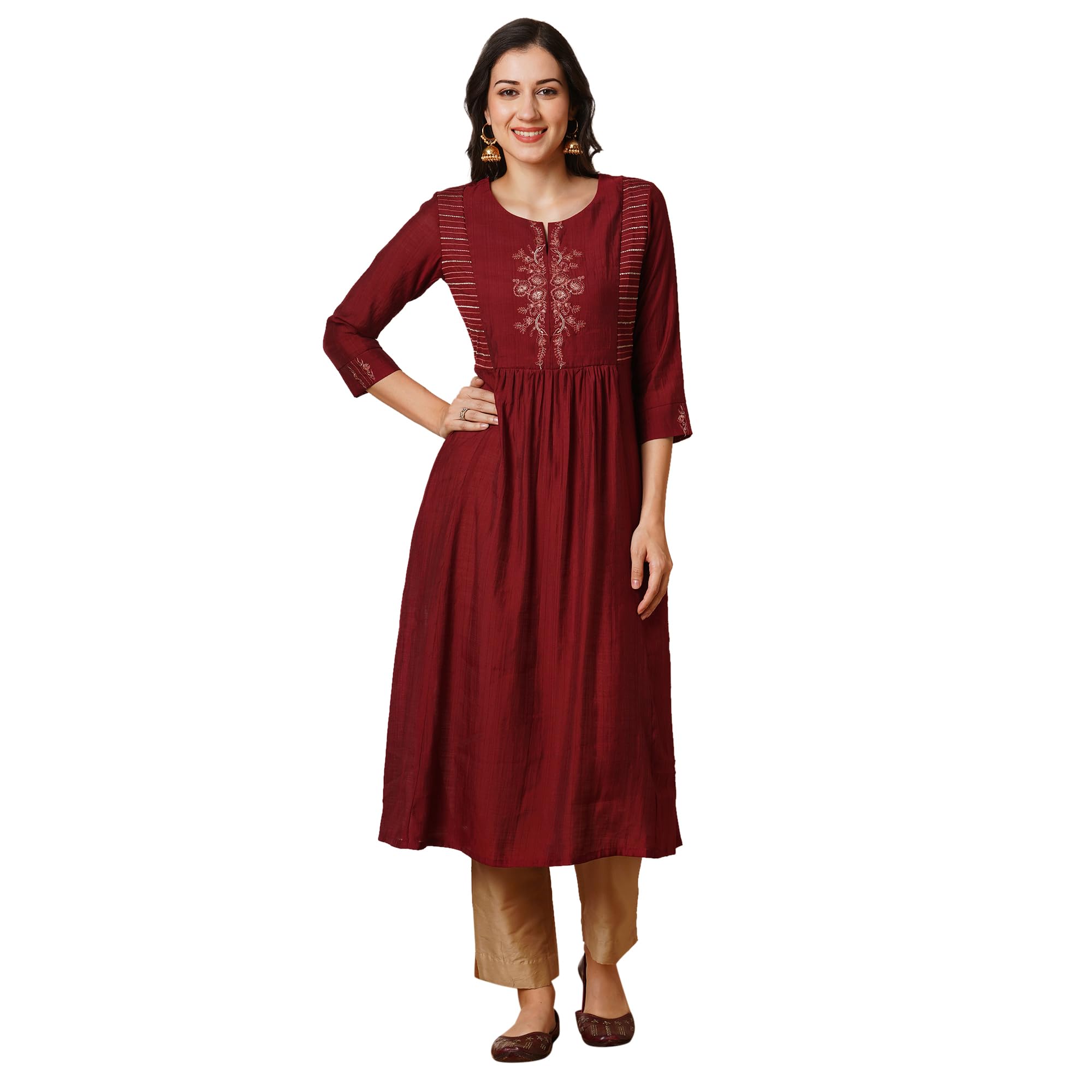 KAMI KUBIA-line Gathered Silk Blend Kurta with zari Embroidery and a Side Pocket.