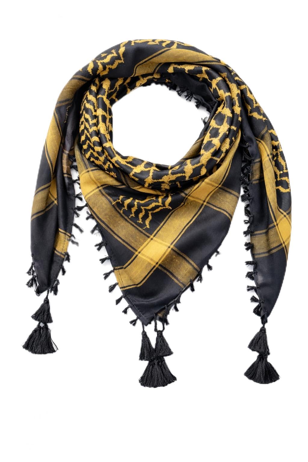 Black & Gold Square Scarf with Leopard Print & Plaid Pattern | Tassel Trim | Soft Cotton Blend-image-0