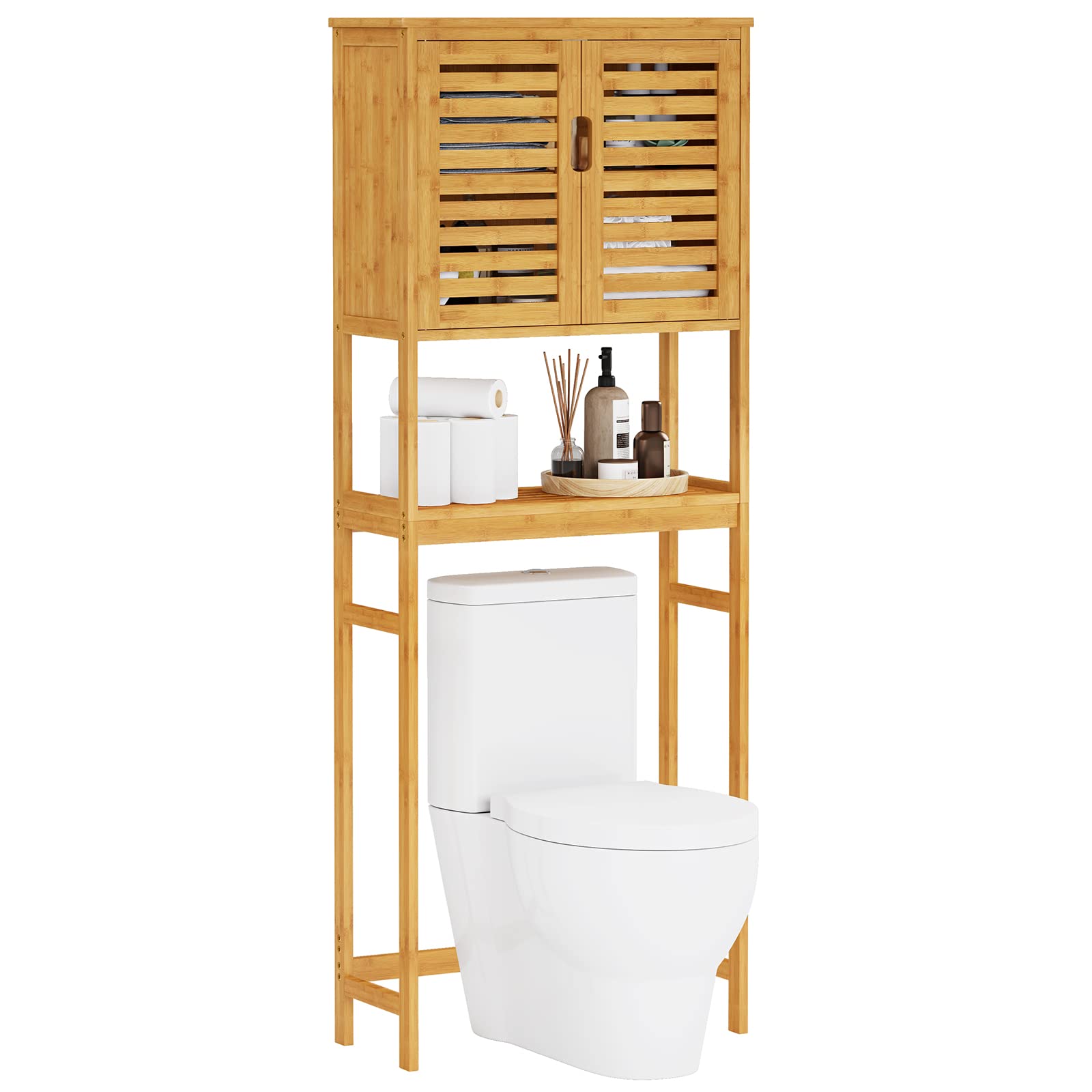 VIAGDO Toilettenregal Bambus, Badregal mit Schrank, Waschmaschinenschrank, WC Überbauschrank, Waschmaschine Überbau Badezimmer Regal, Toilettenschrank, 64 x 26 x 168 cm