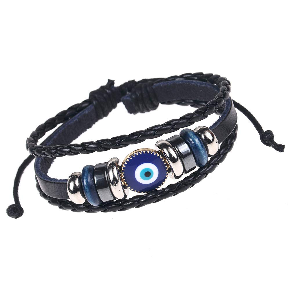Picano Multi-Layer Evil Eye Leather Bracelet for Men Ethnic Wristband Weave Leather Bangle Bracelet Protection Jewelry â€¦ (black)