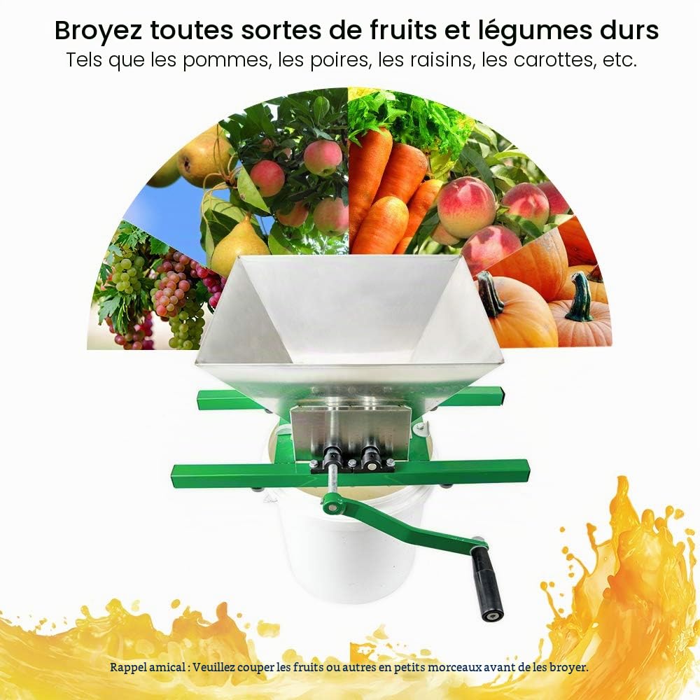 Broyeur de fruits portable 7 L - Extracteur de pomme manuel pour presse à vin et cidre (acier inoxydable)
