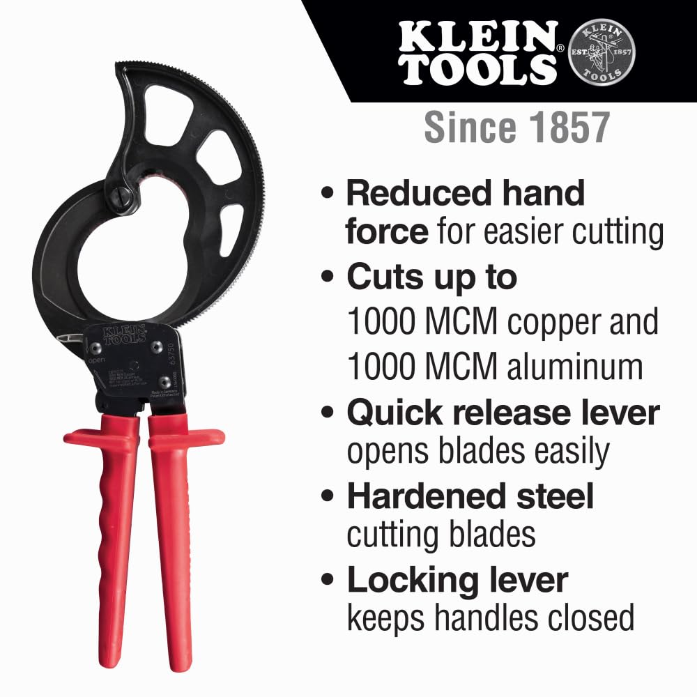 Klein Tools 63750 Cable Cutters, Ratcheting Cable Cutter Cuts Up to 1000 MCM, Great for Cable Preparation Red - Image 2
