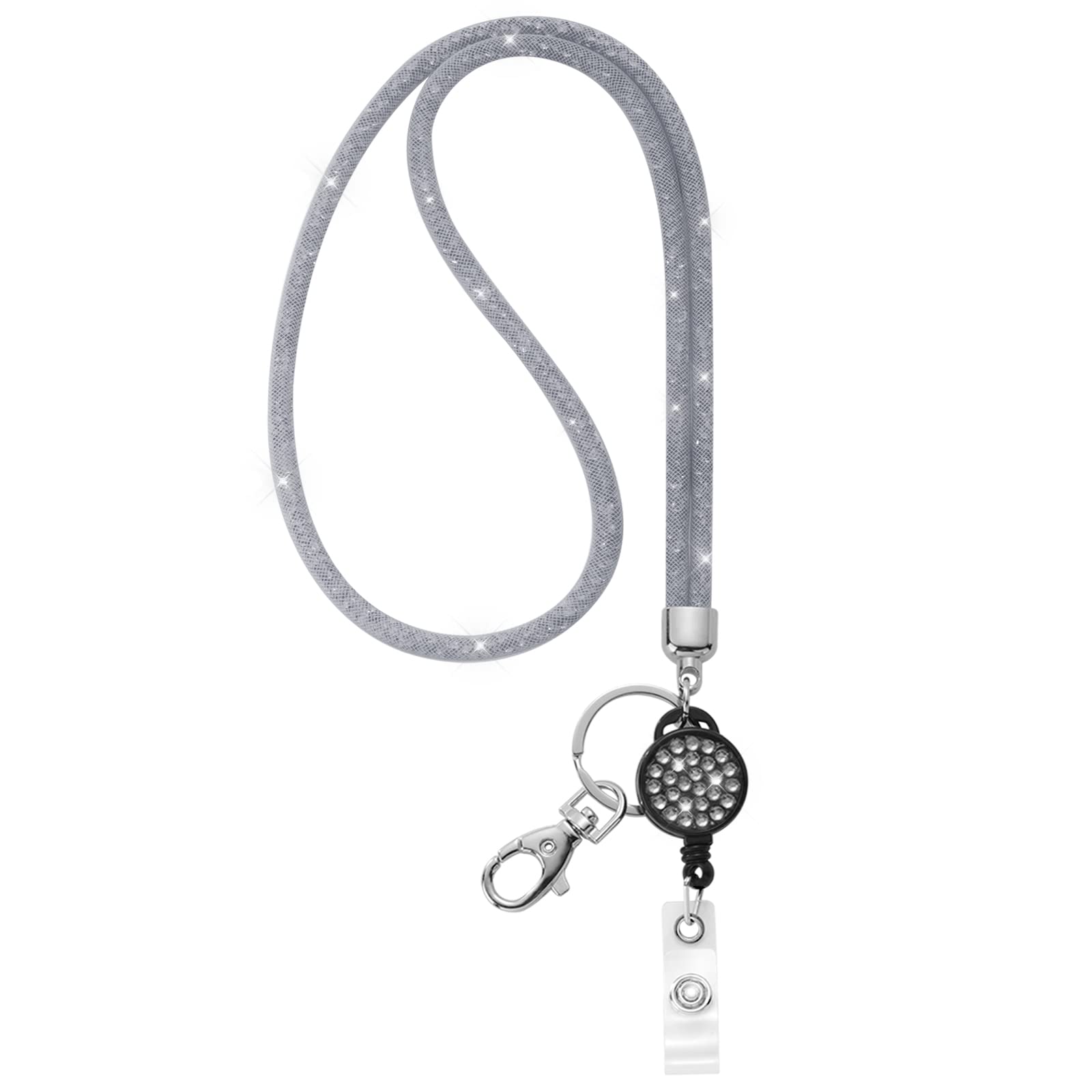 SAVORI ID Card Lanyard, 32.9" Breakaway Safety Clasp Rhinestone Lanyards Crystal ID Card Holder (Grey, Retractable Badge), Grey, Retractable Badge