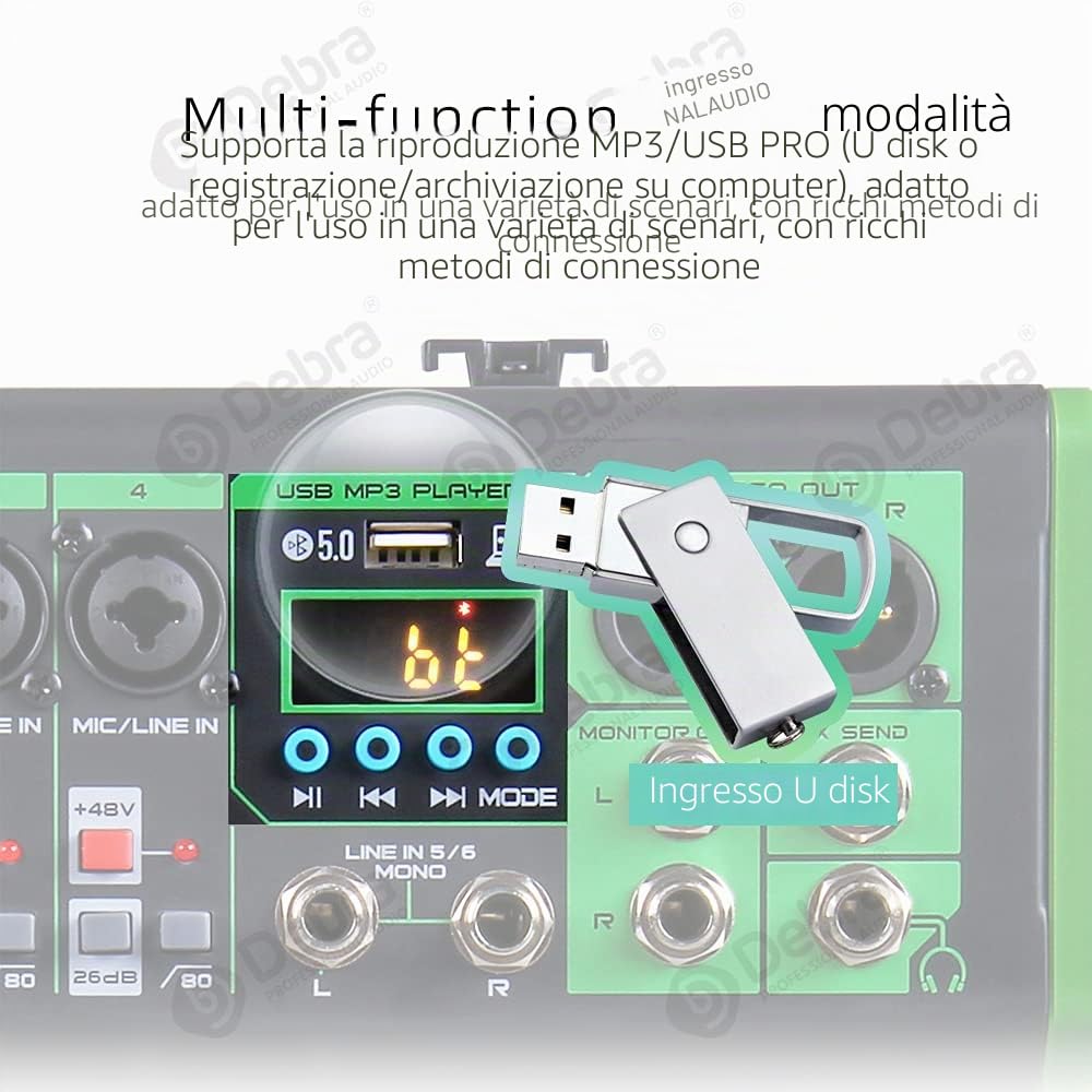 D Debra Mixer audio professionale con 99 effetti digitali DSP, 6 canali, ingresso USB/MP3, 48 V, alimentazione phantom, per console per DJ, casa, karaoke e studio di registrazione (DI-6UX)