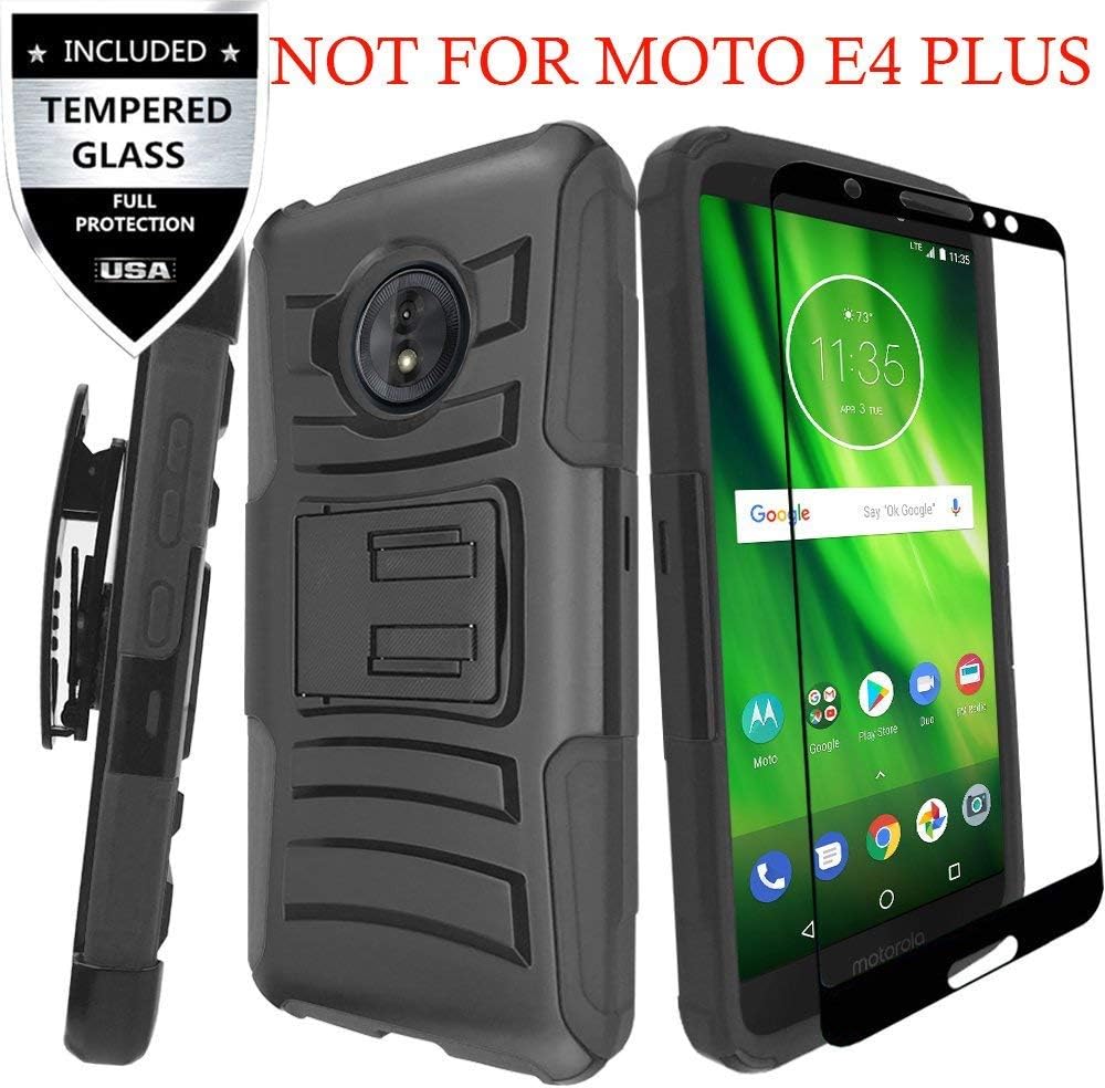IDEA LINE Moto E4 Case with Tempered Glass Screen Protector, (TM) Heavy Duty Armor Shock Proof Dual Layer Holster Locking Belt Swivel Clip with Kick Stand - Black [Not Fit for Moto E4 Plus]
