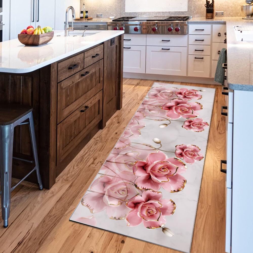 Tappeto Cucina Antiscivolo Lavabile 3.4 Metri Crema rosa Passatoia Corridoio Tappeti Casa 3D Motivo Floreale Tappeto Camera Per Cucina Bagno Soggiorno Passatoia Al Metro，50x340cm