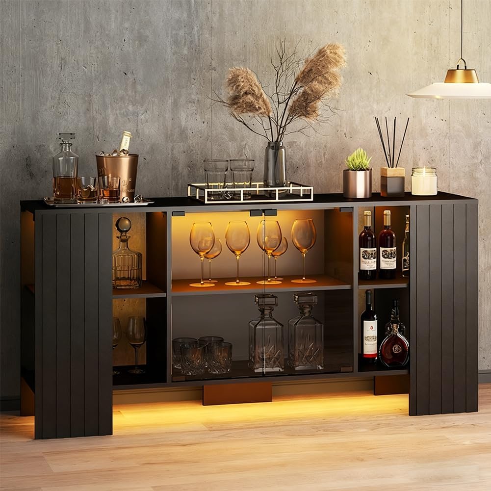 Lamtor 58" Fluted Sideboard Buffet Cabinet with RGB LED Lights, Glass Doors, Black - Modern Bar Storage for Dining Room, Living Room
