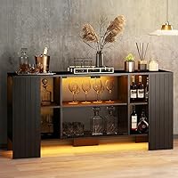 Lamtor 58" Fluted Sideboard Buffet Cabinet with RGB LED Lights, Glass Doors, Black - Modern Bar Storage for Dining Room, Living Room