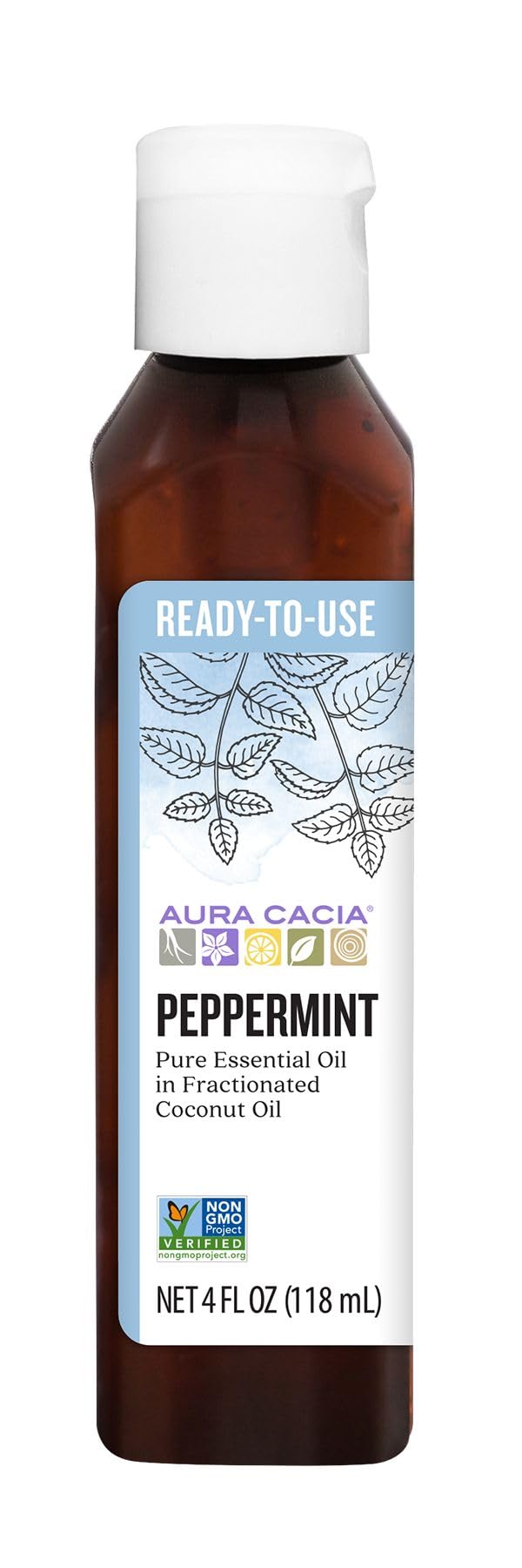 Aura Cacia Ready-to-Use Peppermint Essential Oil in Fractionated Coconut Oil | GC/MS Tested for Purity | 4 fl. oz.