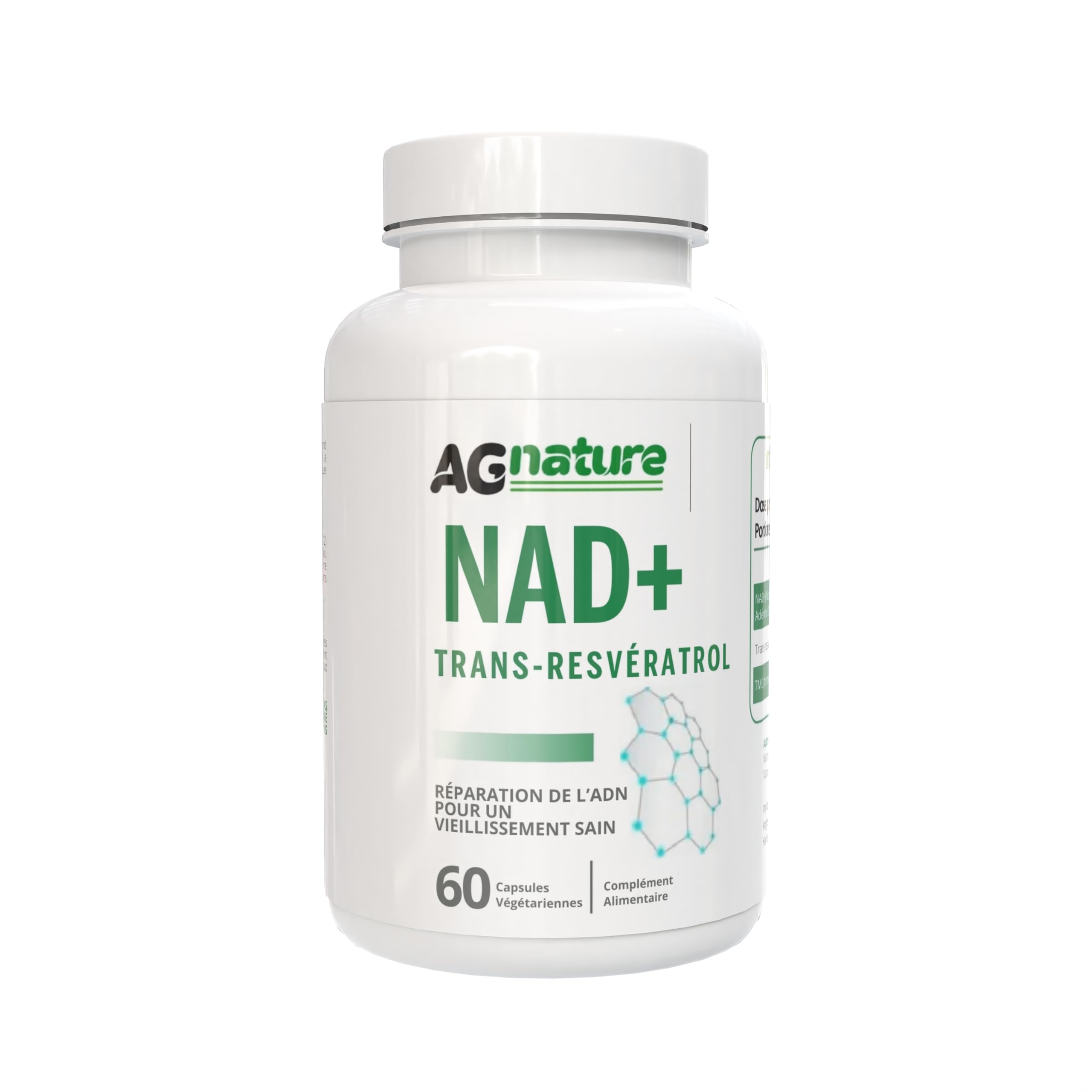 NAD Complément Nicotinamide Pur 60 Gélules 1000 mg - Complexe Anti-Âge et Anti-Fatigue avec Niacine, Trans-Resvératrol et Triméthylglycine