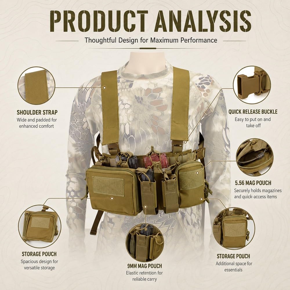 Chaleco Táctico Chest Rig Con Sistema MOLLE,Bolsa Pecho Ajustable Porta Multifunción Ideal Para Airsoft Caza Tiro Deportivo Senderismo Pesca Entrenamiento Outdoor