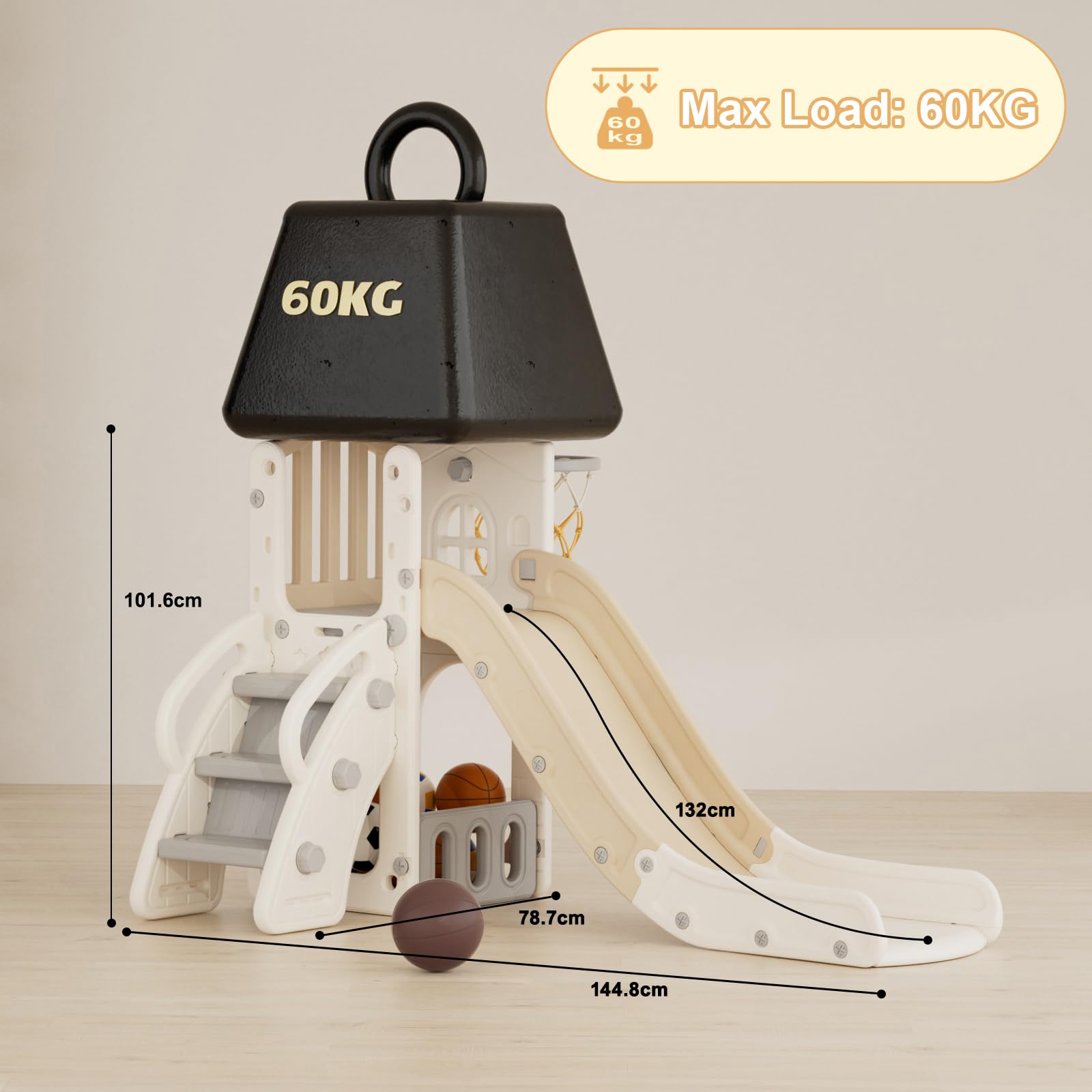 KORIMEFA Tobogán Infantil 5 en 1 con Canasta Plegable y balón de Baloncesto, Pequeño tobogán Infantil Toboganes Independientes para niños y niñas a partir de 1 año, para uso interior y exterior (Café)