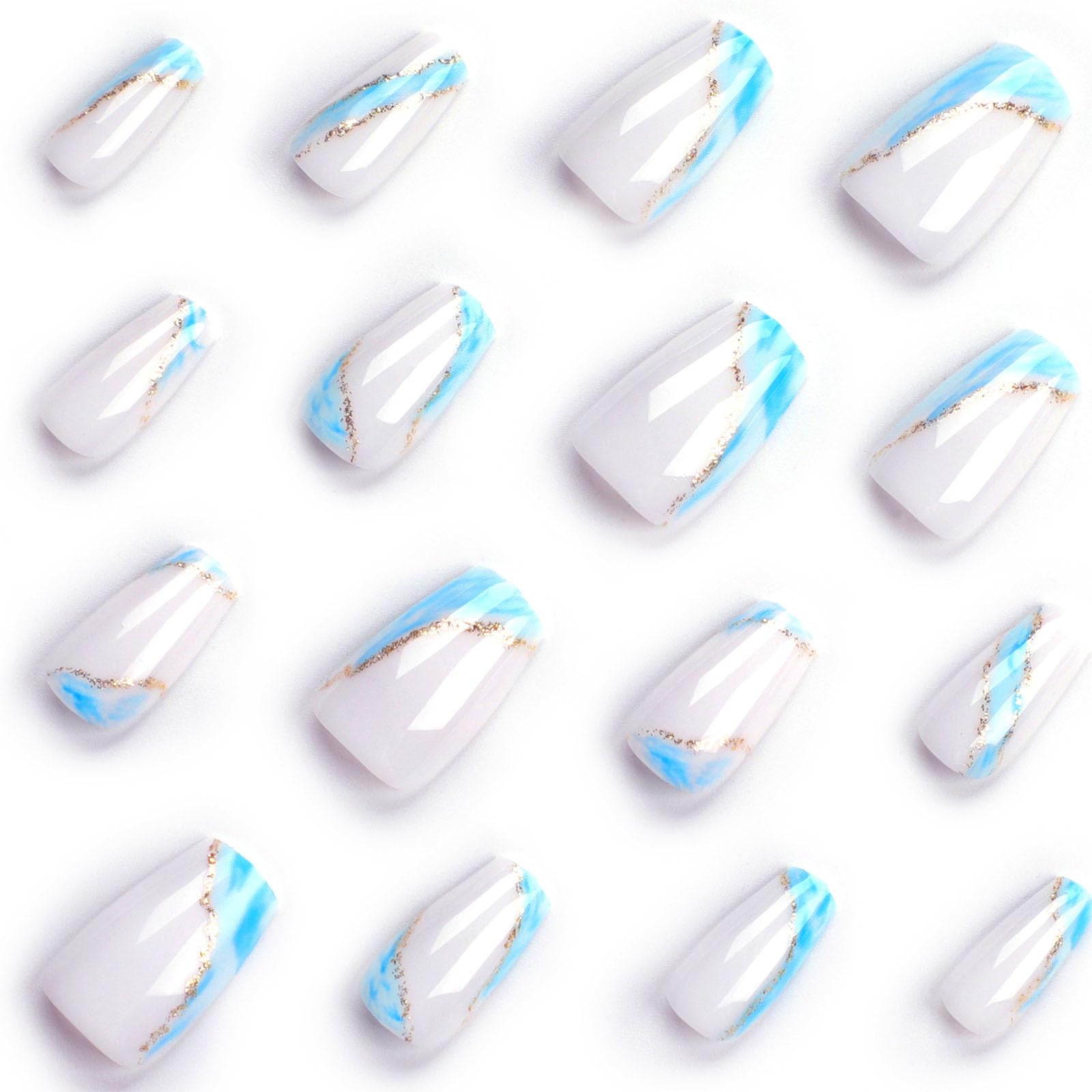 Summer Press on Nails Short Fake Nails with Blue Glitter Designs Coffin Nails Press ons French Tip Glue on Nails Nude Acrylic Nails Spring False Nails Natural Stick on Nails for Women 24Pcs