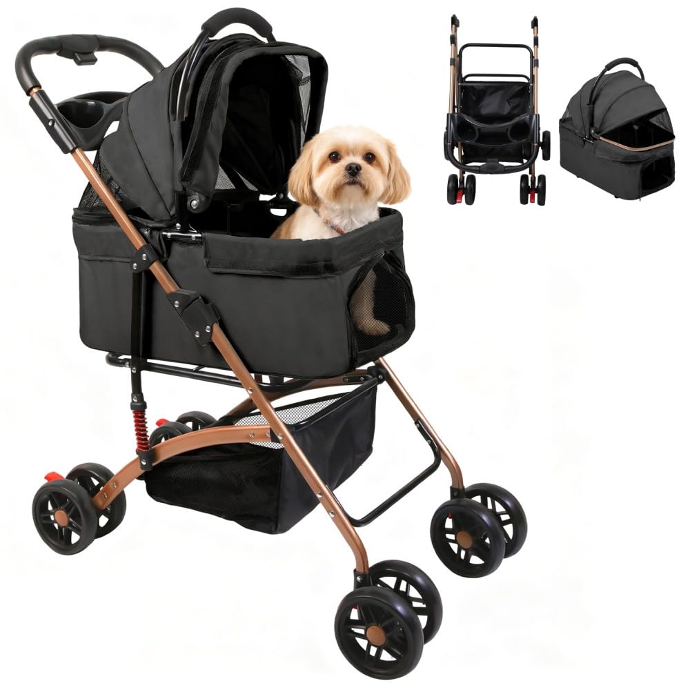 OHMG - Cochecito 3 en 1 para perro y gato, plegable hasta 40 kg, ruedas EVA resistentes al desgaste a 360°, cesta de almacenamiento, ventana de red, cochecito ultra compacto