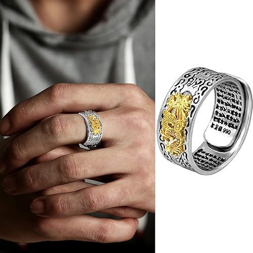 Miniatura 5 de yfstyle 2 anillos de Feng Shui para hombre, anillo Pixiu, anillos de Pixiu, anillos de protección de mantra, anillo de riqueza, anillo de Pixiu