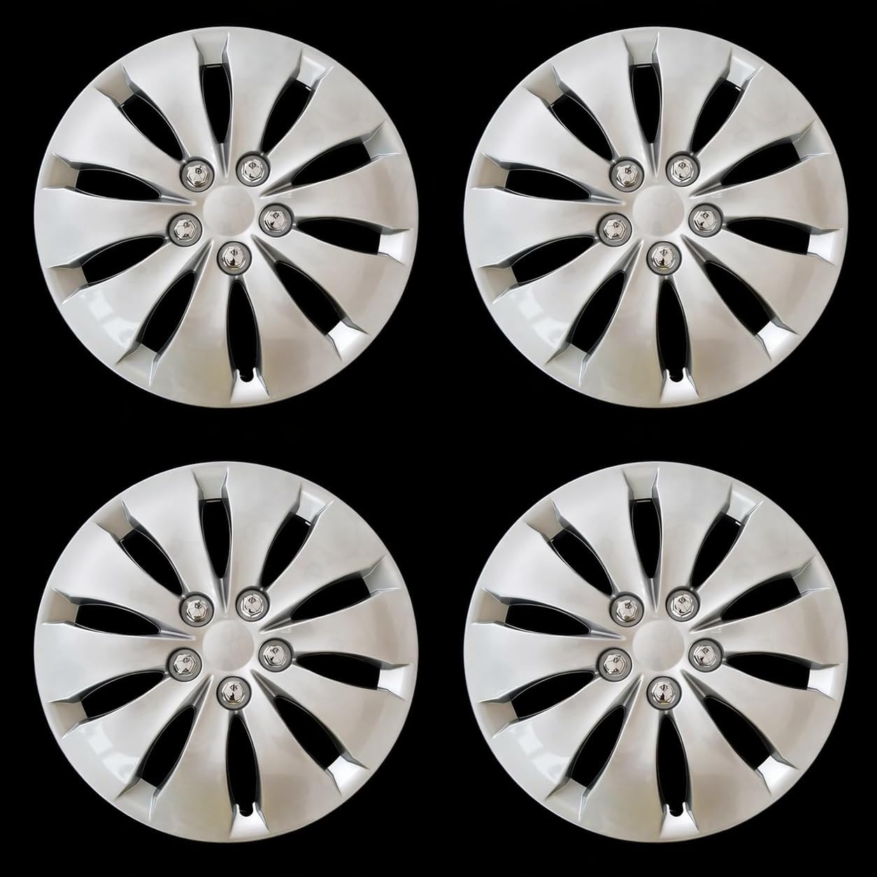 New Wheel Covers Hubcaps Replacements Fits 2008-2012 Honda Accord, 16 Inch; 10 Spoke; Silver Color; Plastic; Set of 4; Spring Steel Clip