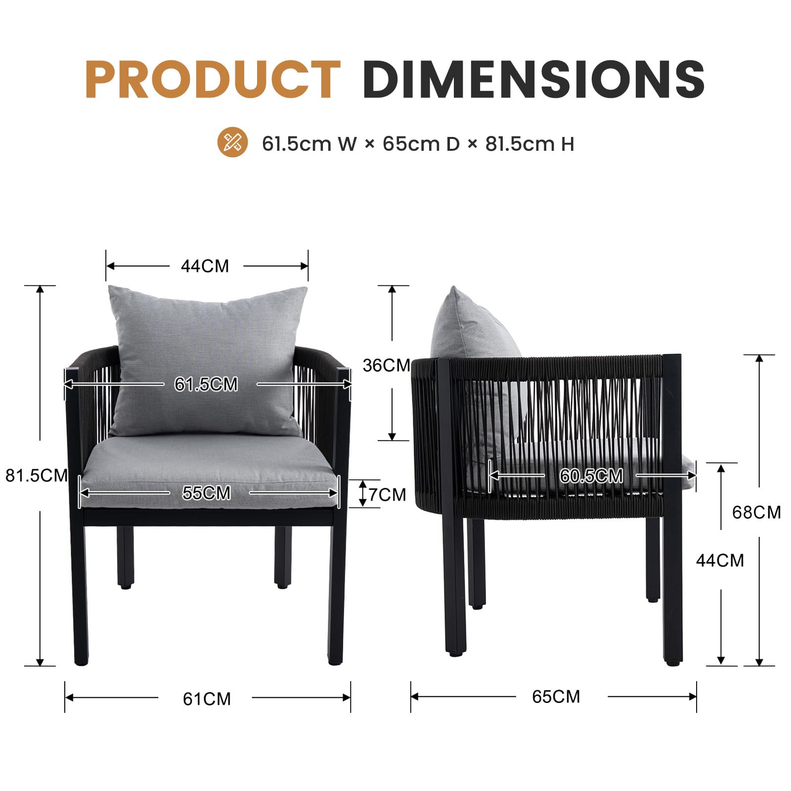 Ya-Home Gartenstühle 4er Set, Loungesessel Outdoor wetterfest, Balkonmöbel Lounge, Terrassenstühle mit Rücken Kissen und Sitzpolster, Gartenmöbel Sessel Rope Design für Garten & Balkon, Grau