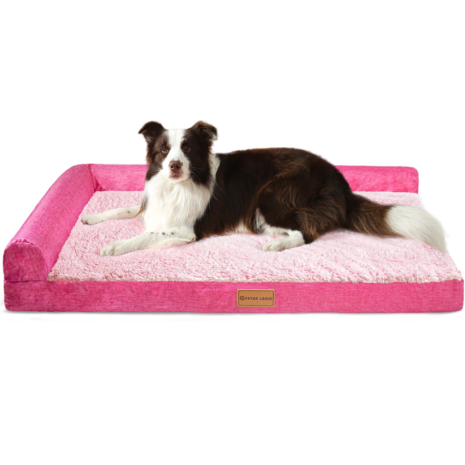 Patas Lague Orthopedic XL Dog Bed Large Sized Dog 42''X28'', Waterproof L Bolster Big Large Pet Sofa Beds with Removable Washable Cover, Soft Comfortable Pet Couch Crate Mat with Nonskid Bottom, Pink