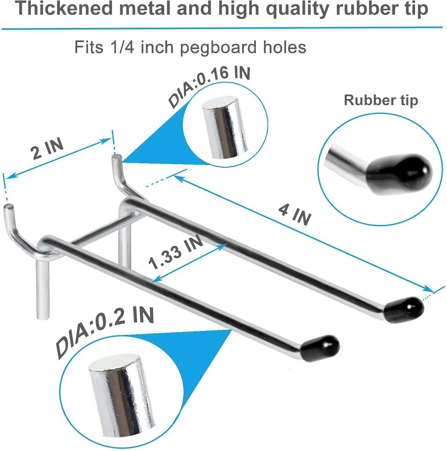 16 Pcs Double Pegboard Hooks 4 Inch, Heavy Duty Peg Board Hooks with Black Rubber Tipped, Pegboard Accessories Fit 1/4' Board Holes, Peg Tool Utility Hook Organizers for Garage
