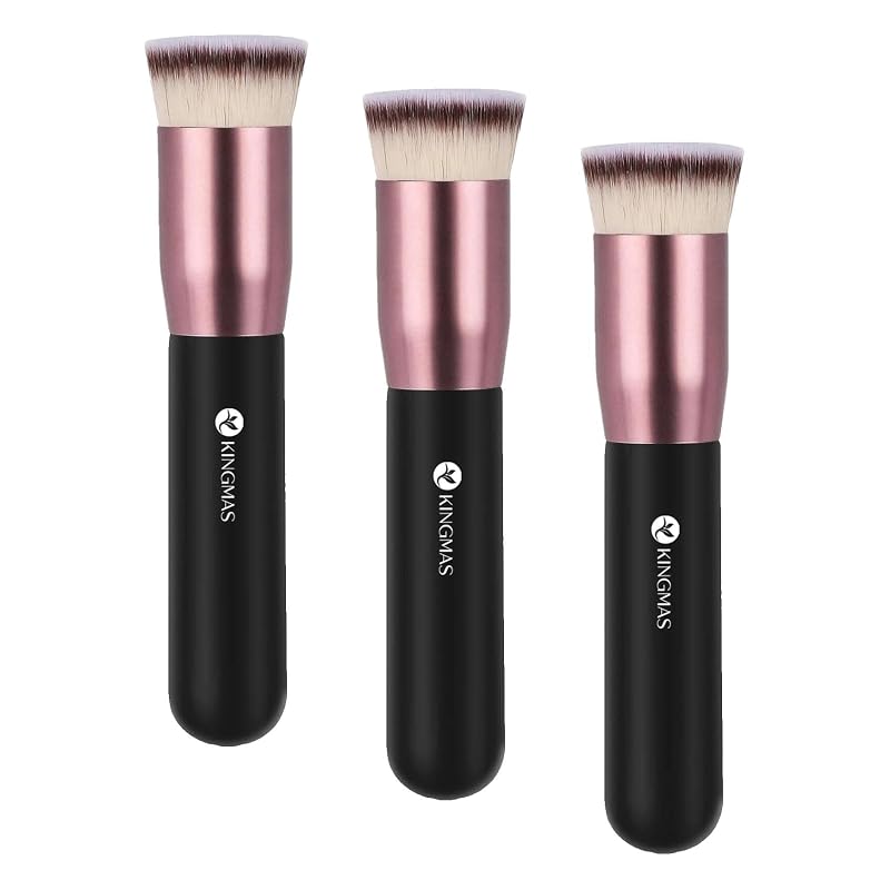 Pincel Kabuki KINGMAS para Base com Topo Reto, Cerdas Sintéticas, Preto, Modelo SZ95, Pacote com 3