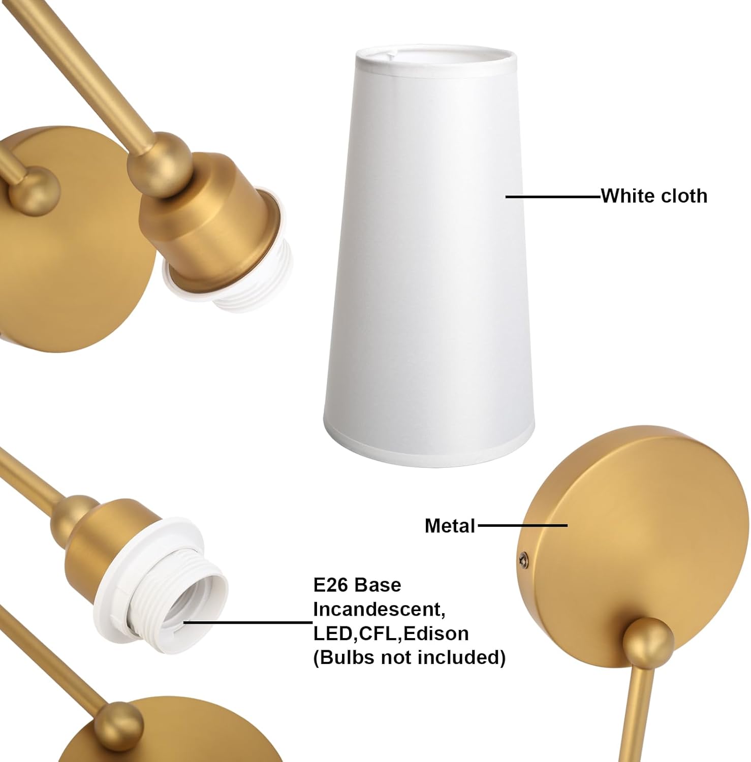 Yosoan Brass White Fabric Shade Wall Sconce Set of 2, Vintage Industrial Hardwired Gold Boho Wall Mounted with Long Cone Cloth Shade for Bedroom Living Room Aged Vanity Loft(Antique)