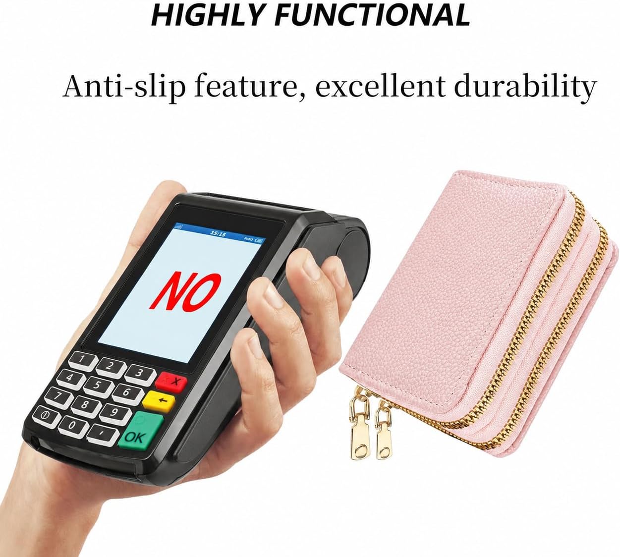 The bank card bag can be used interchangeably with a wallet. It has double zippers and is in fashionable colors(Litchi-patterned pink)