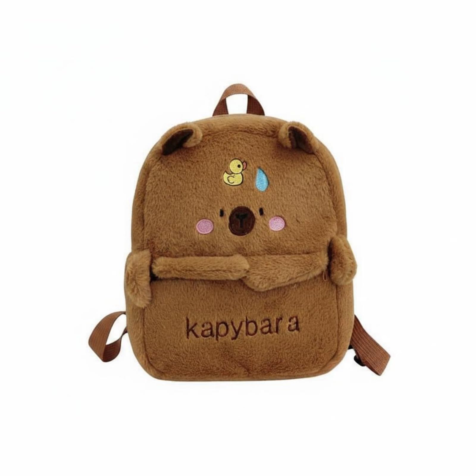 embroidered capybara plush backpack with front pocket and top handle | soft stuffed animal backpack for kids, brown with yellow duck design