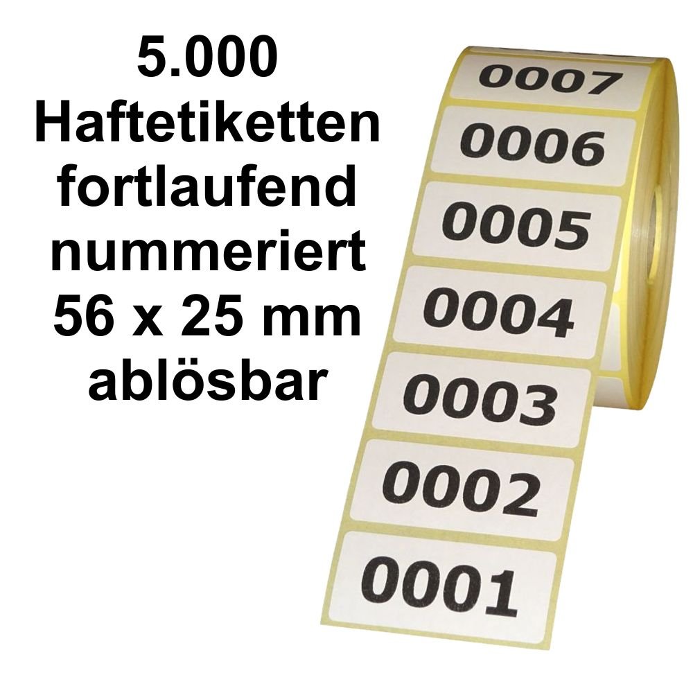 5.000 Etiketten/Aufkleber auf Rolle - ABLÖSBAR - fortlaufend nummeriert - 56 x 25 mm