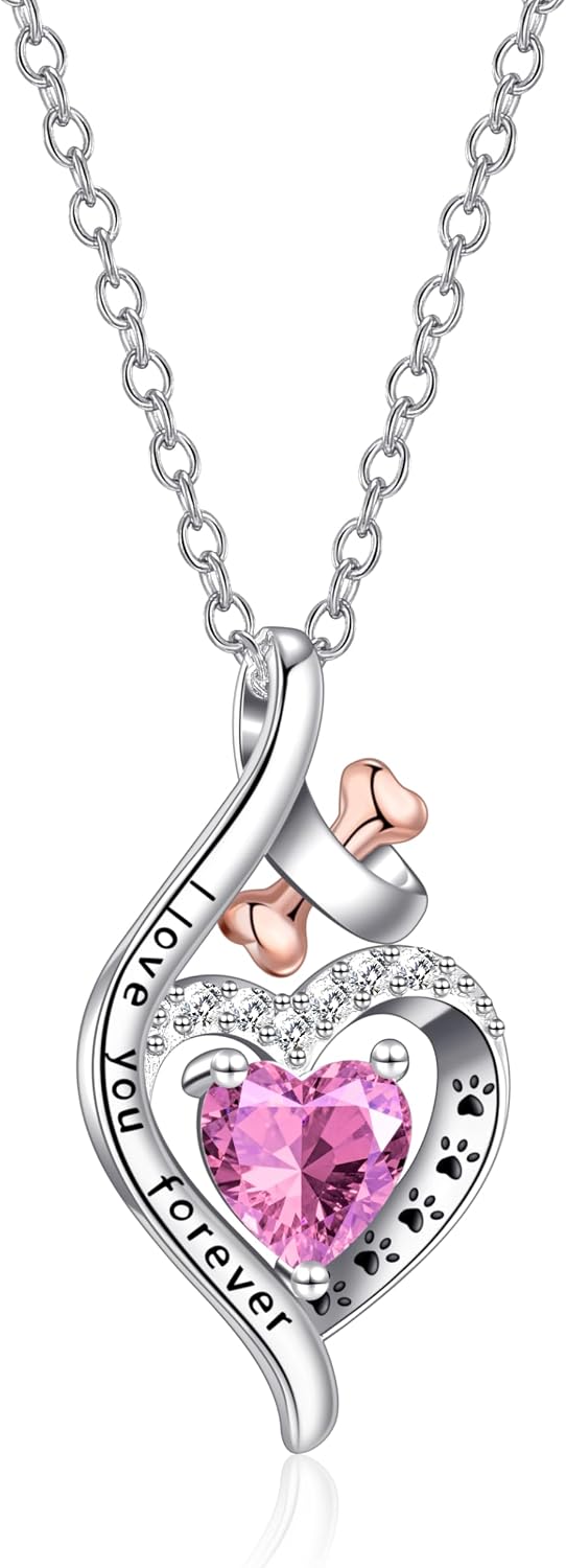 Dog Paw Print Pendant Birthstone Necklace Bone Love Heart I Love You Forever Paw Necklace for Women Gifts for Dog Owner