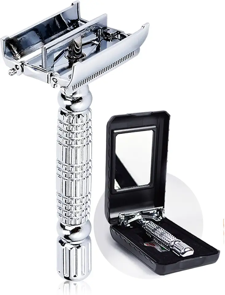 BAILI Butterfly Open TTO Double Edge Metal Safety Razor Wet Shaving Kit for Men Women with Platinum Blade and Mirrored Travel Case BD179