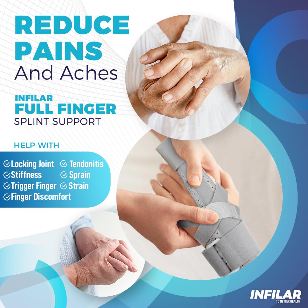 INFILAR Trigger Finger Splint for Men & Women, Adjustable One or Two Finger Splint Full Hand and Wrist Brace Support, Metal Straightening Finger Immobilizer for Sprains, Finger Discomfort Relief