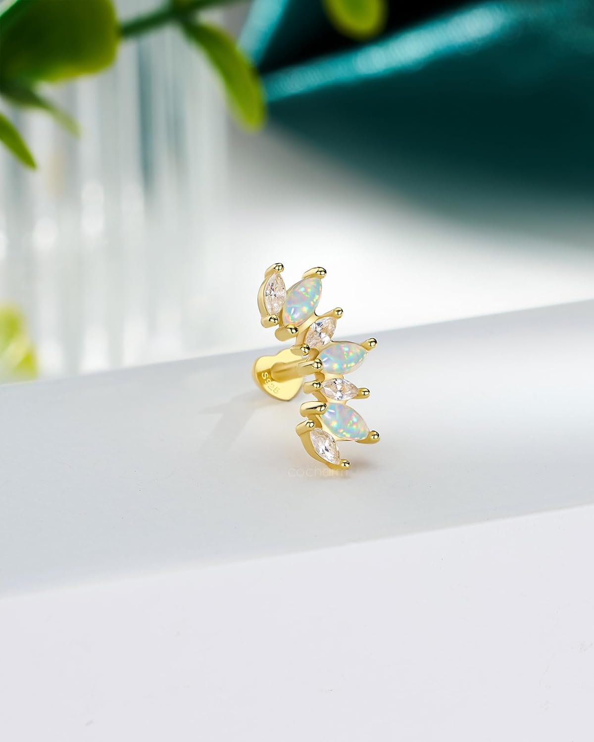 COCHARM 14K Gold Plated Cartilage Earrings Stud 925 Sterling Silver Opal Helix Earrings for Women Internally Thread Flat Back Earrings Heart - Image 4