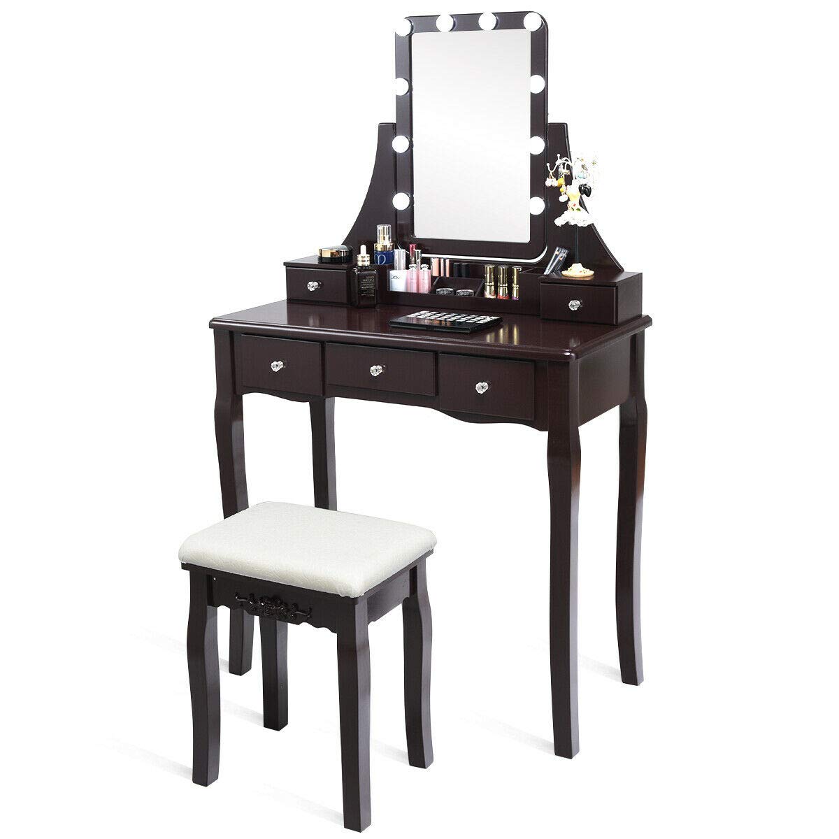 DORTALA Vanity Table Set w/Lighted Mirror, Morden Vanity Dressing Table w/ 10 Dimmable Light Bulbs & 5 Drawer, 2 Dividers Removable Organizer, Bedroom Makeup Table Set w/Cushioned Stool, Brown